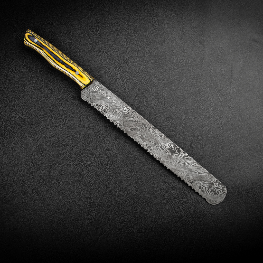 Cavallari Hand-Forged Damascus Steel 10" Serrated Bread Knife - Yellow/Black Handle - BLEM