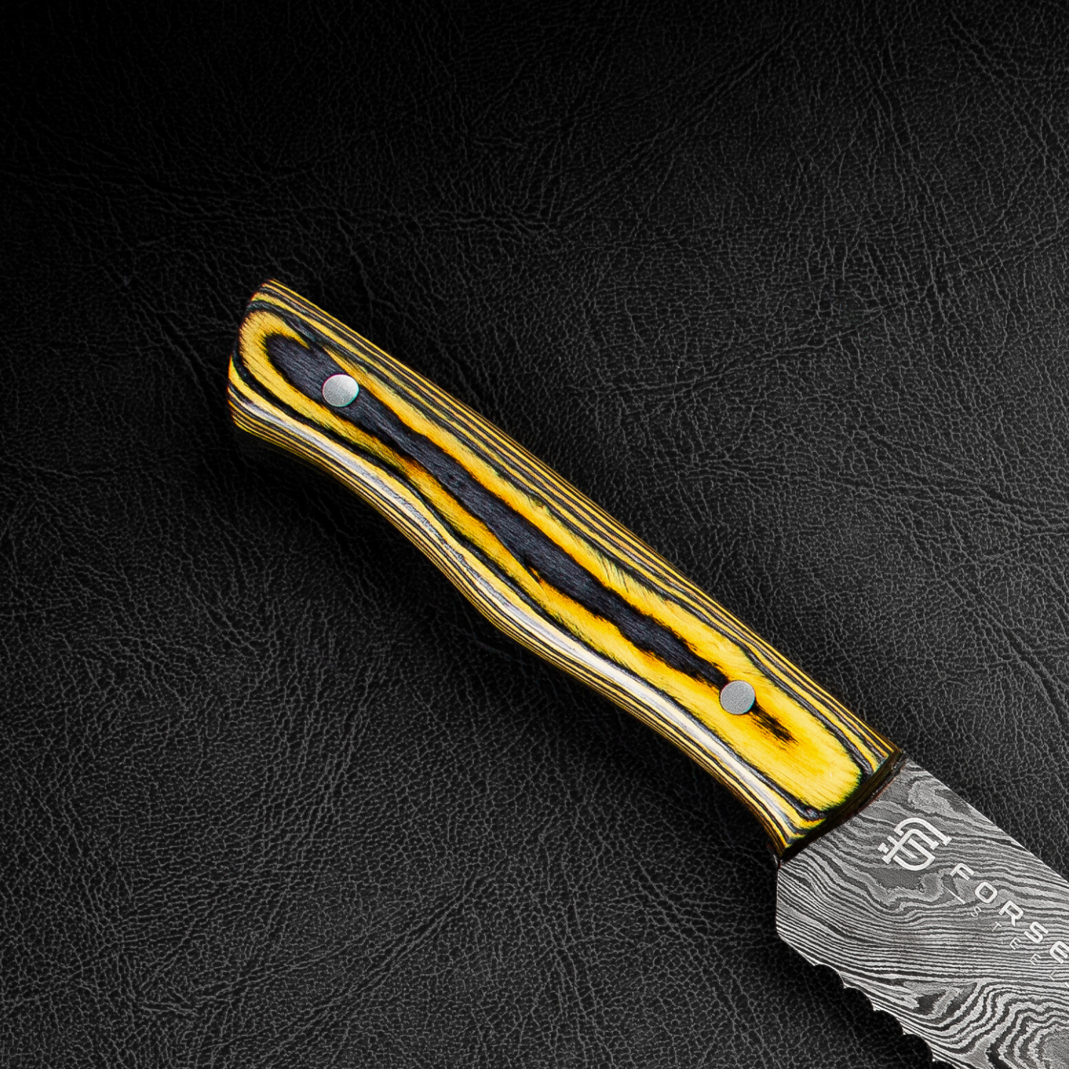 Cavallari Hand-Forged Damascus Steel 10" Serrated Bread Knife - Yellow/Black Handle