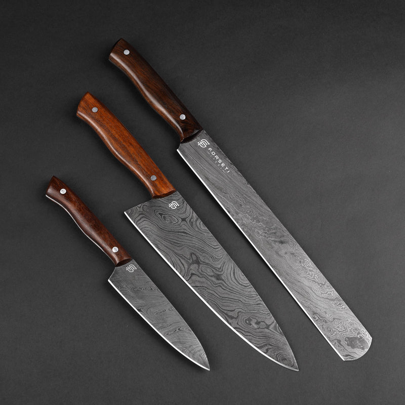 Meat Lover's Hand-Forged Damascus Steel Kitchen Set of 3 - Walnut