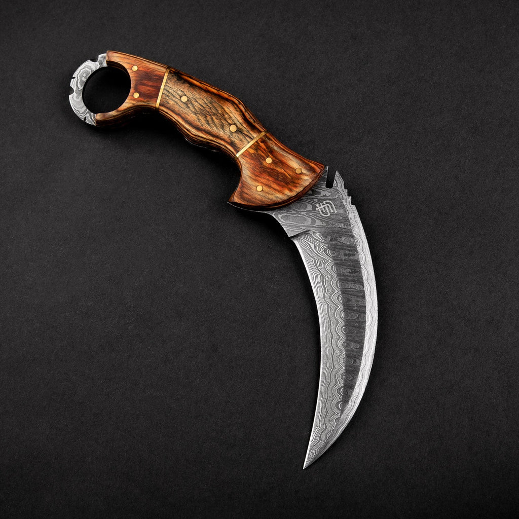 Tiger's Claw Hand-Forged Damascus Steel Karambit - Tali Wood