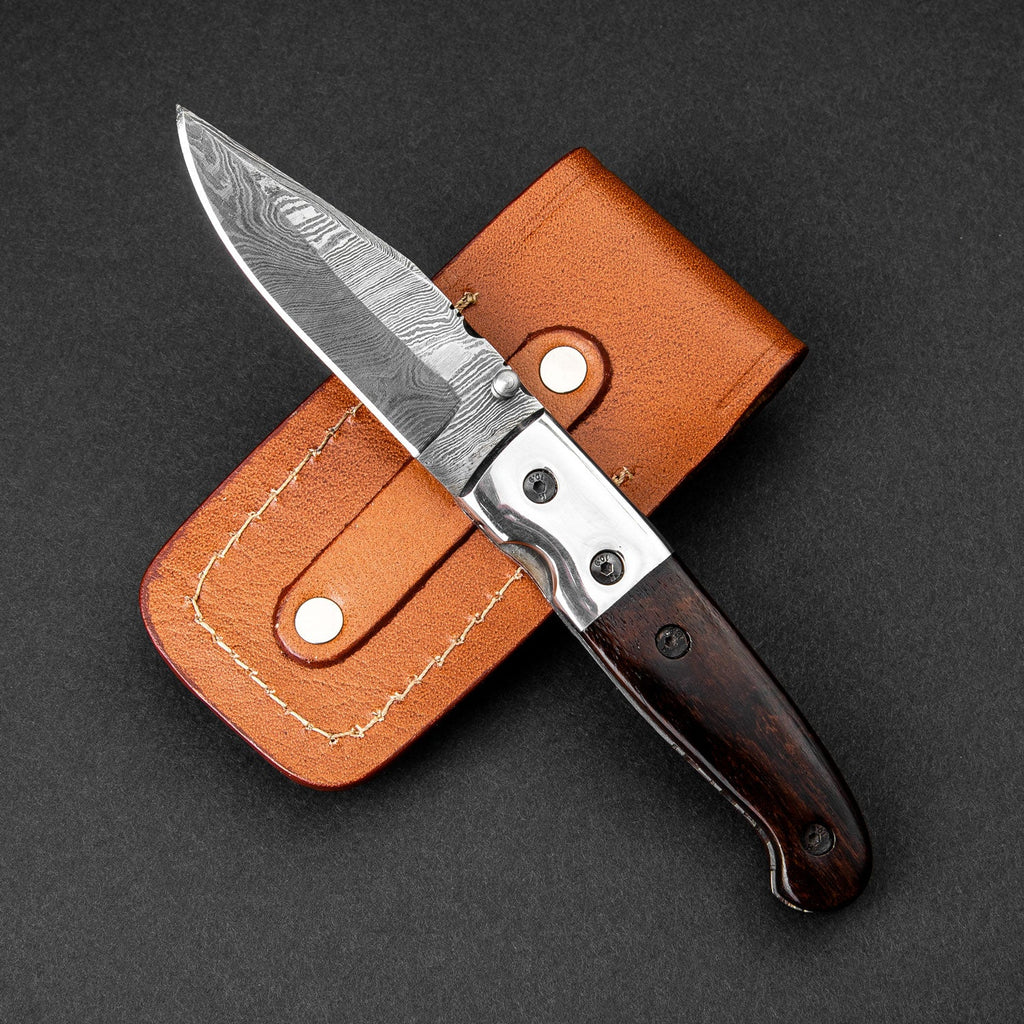 JH Patterson Hand-Forged Damascus Steel Folding Knife - Tali Wood