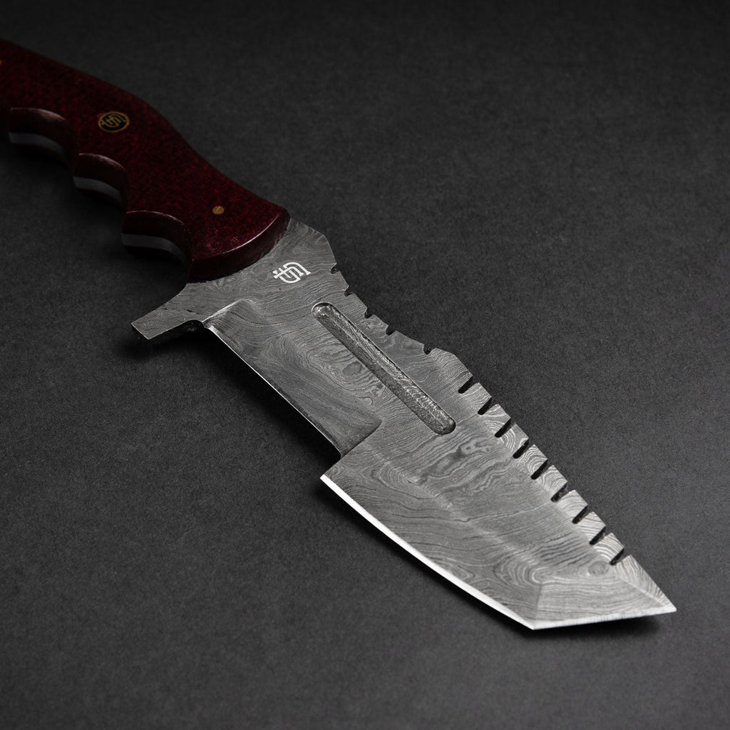 Kimura Hand-Forged Damascus Steel Warrior Tanto Knife - Red Micarta