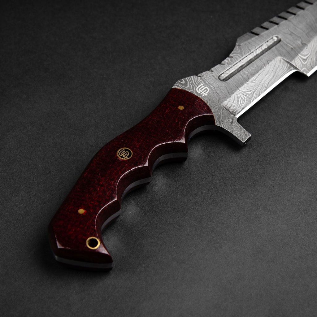 Kimura Hand-Forged Damascus Steel Warrior Tanto Knife - Red Micarta
