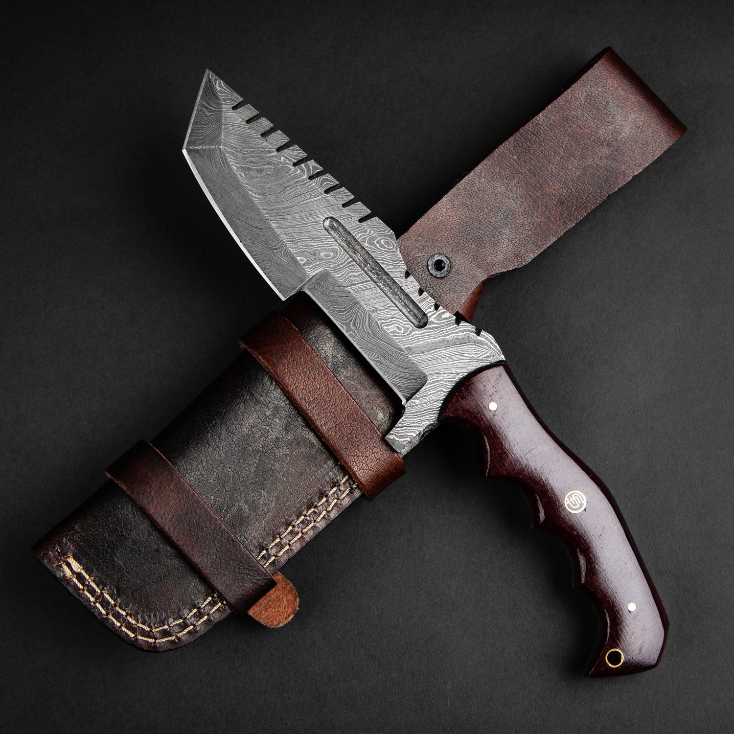 Kimura Hand-Forged Damascus Steel Warrior Tanto Knife - Red Micarta