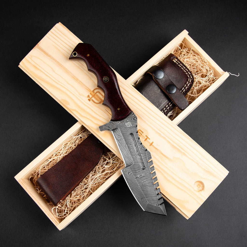 Kimura Hand-Forged Damascus Steel Warrior Tanto Knife - Red Micarta