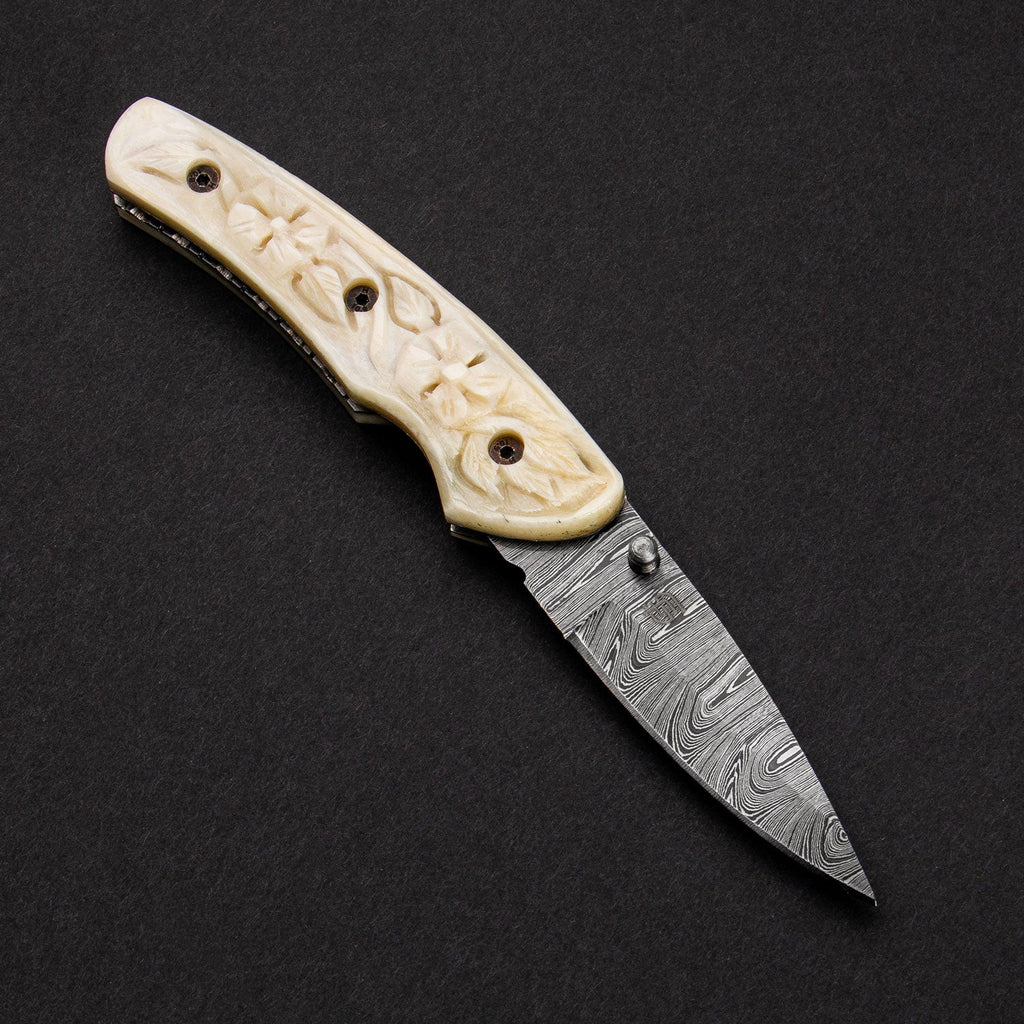 Barca Hand-Forged Damascus Steel Folding Knife - Carved Bone