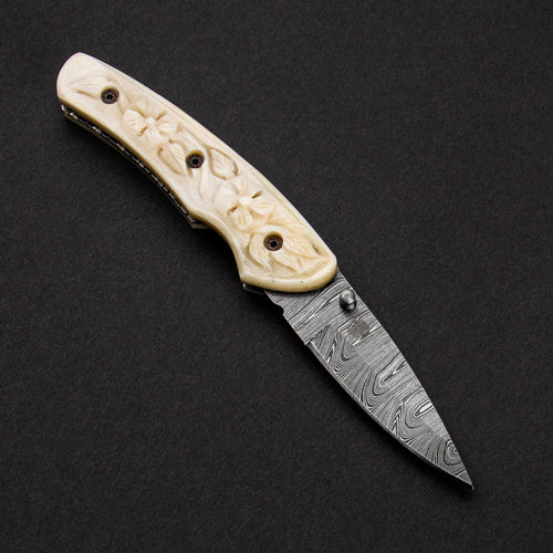 Barca Hand-Forged Damascus Steel Folding Knife - Carved Bone