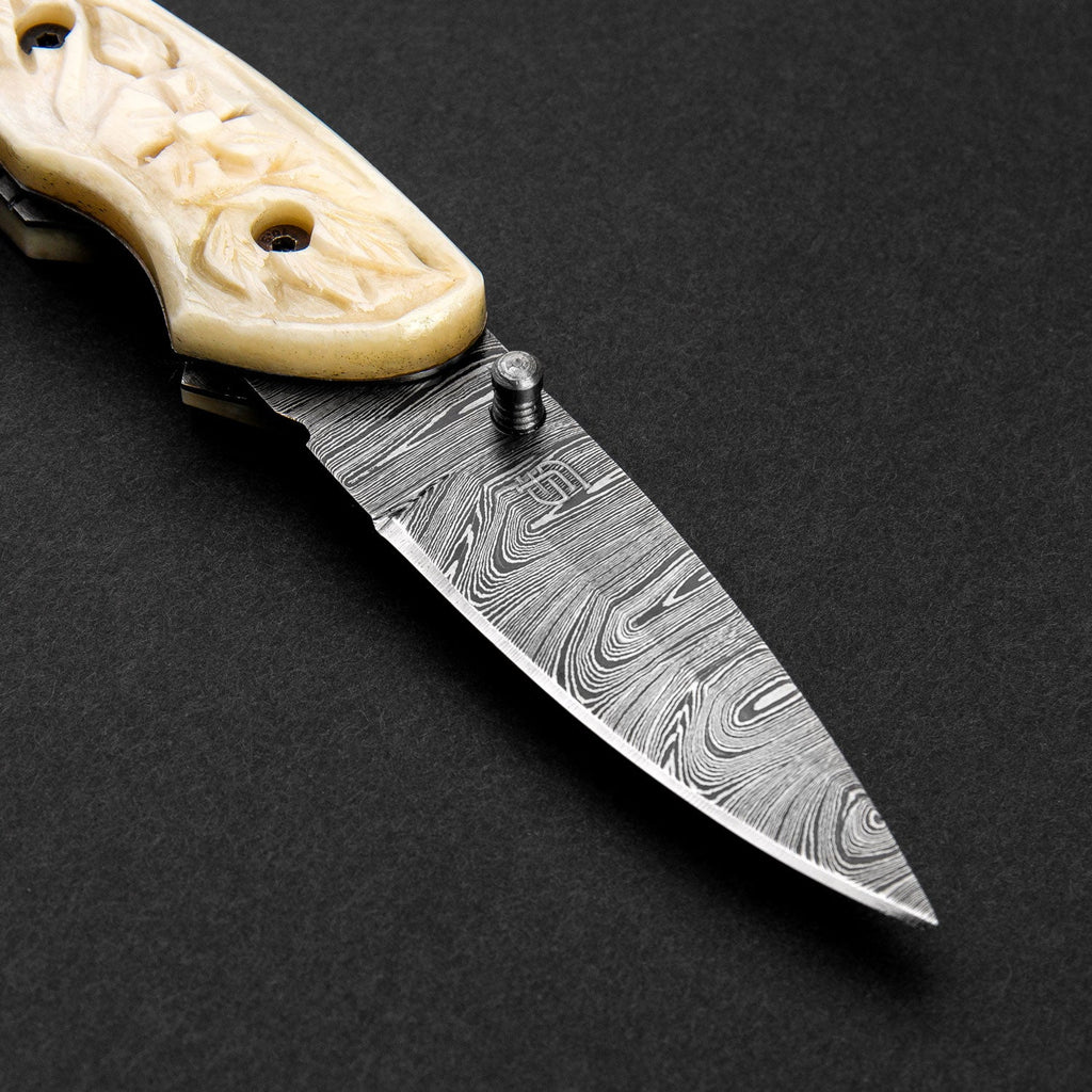 Barca Hand-Forged Damascus Steel Folding Knife - Carved Bone