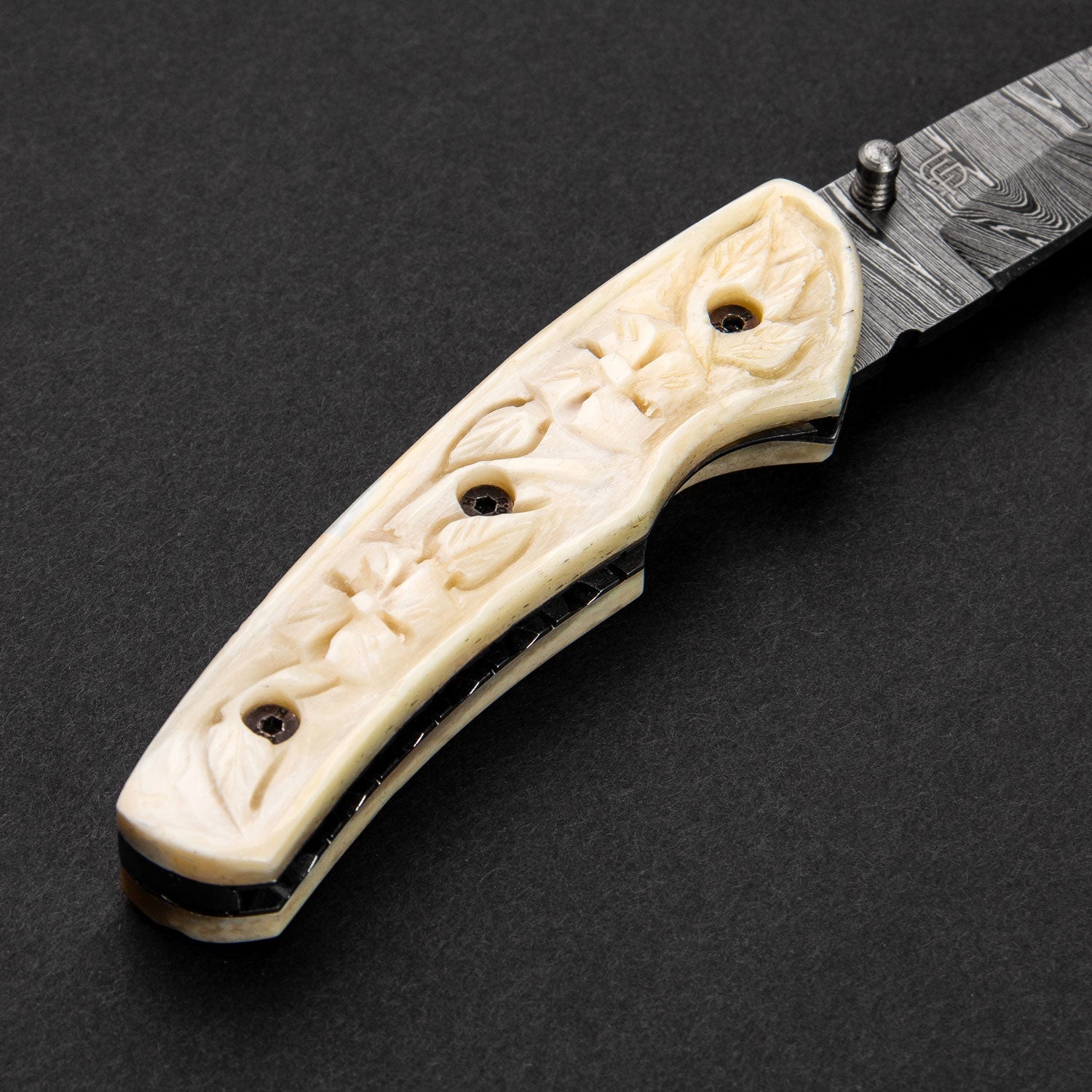 Barca Hand-Forged Damascus Steel Folding Knife - Carved Bone