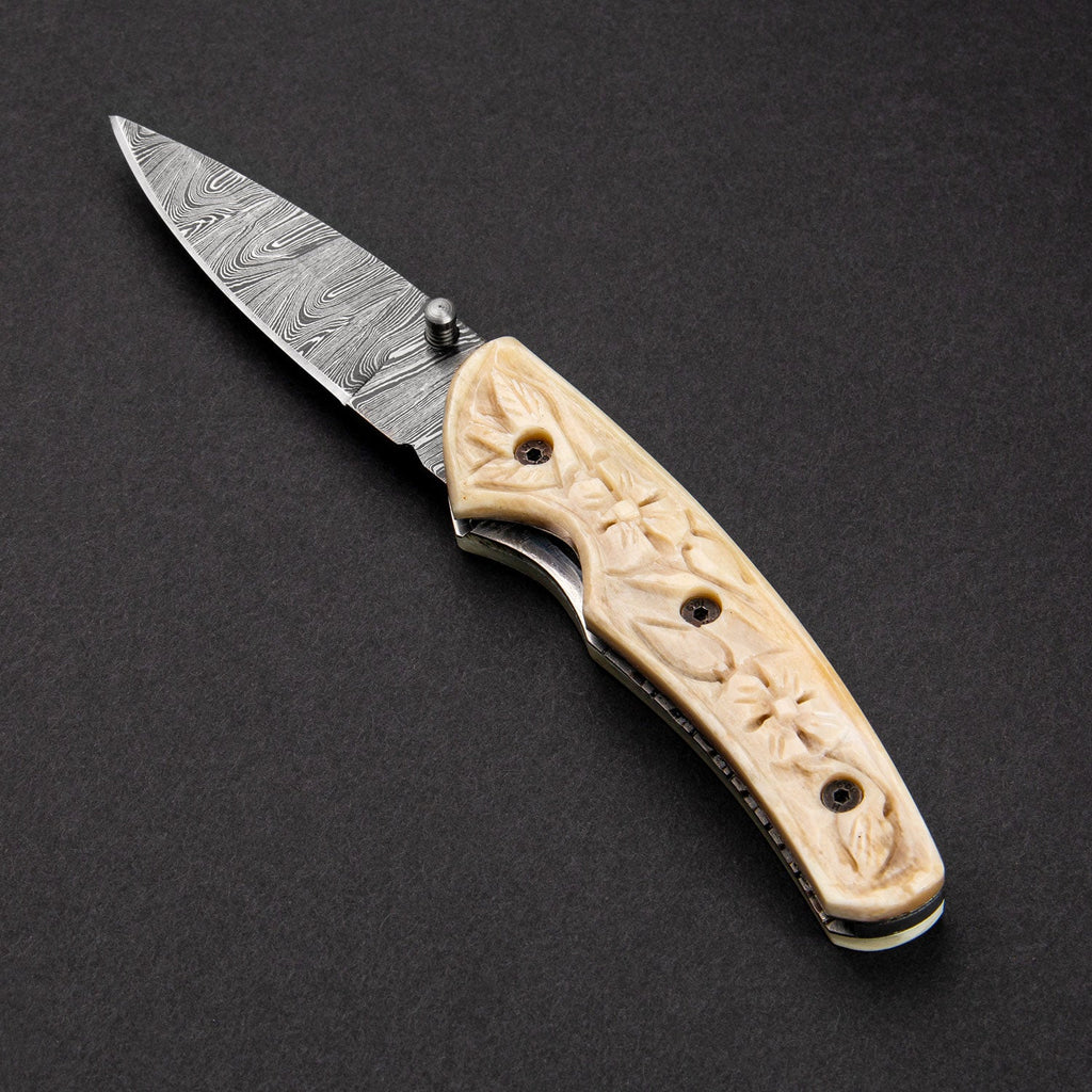 Barca Hand-Forged Damascus Steel Folding Knife - Carved Bone