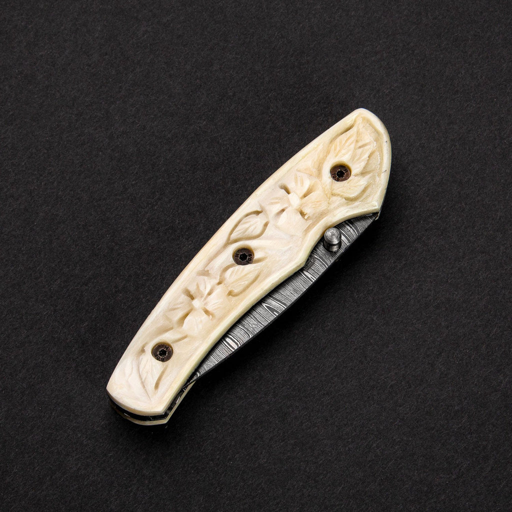 Barca Hand-Forged Damascus Steel Folding Knife - Carved Bone