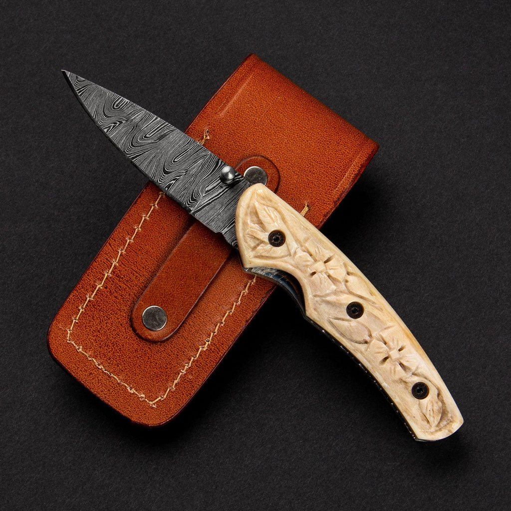 Barca Hand-Forged Damascus Steel Folding Knife - Carved Bone