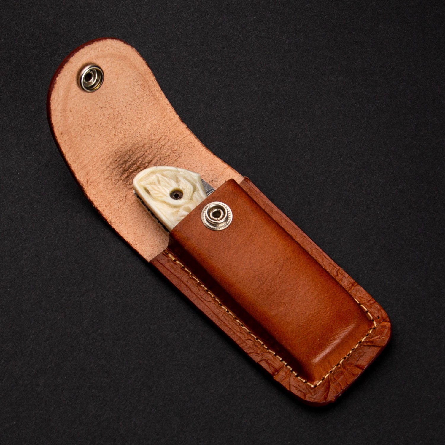 Barca Hand-Forged Damascus Steel Folding Knife - Carved Bone