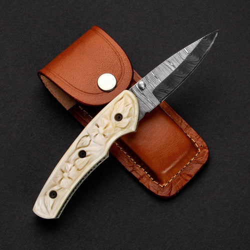 Barca Hand-Forged Damascus Steel Folding Knife - Carved Bone