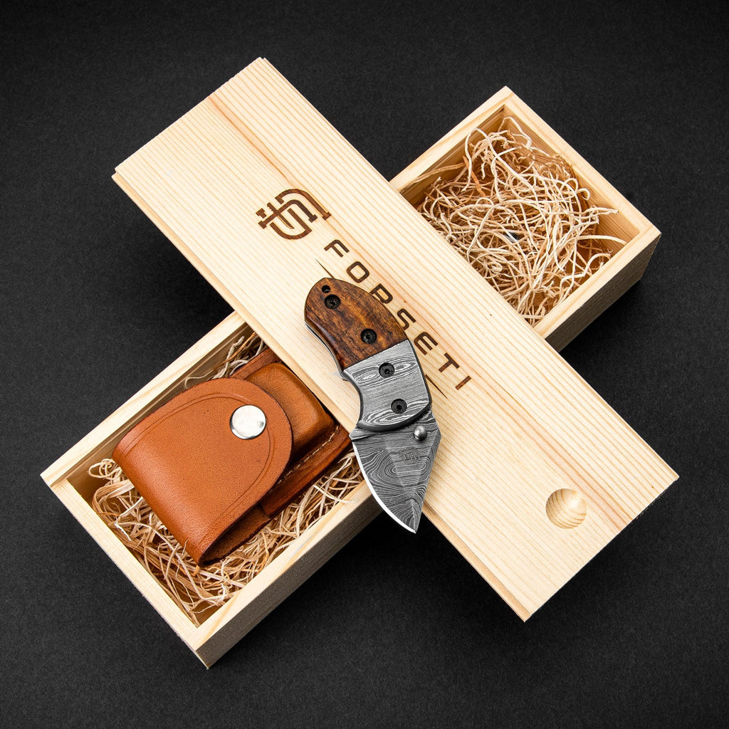 Lightoller Hand-Forged Damascus Steel EDC Folding Knife - Rosewood