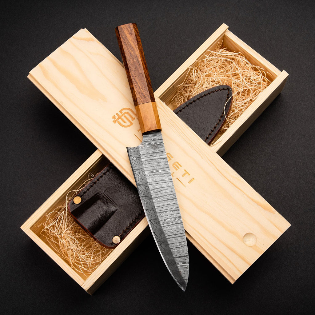 Itamae Hand-Forged Damascus Steel 7" Santoku Chef Knife - Olive Wood and Rosewood
