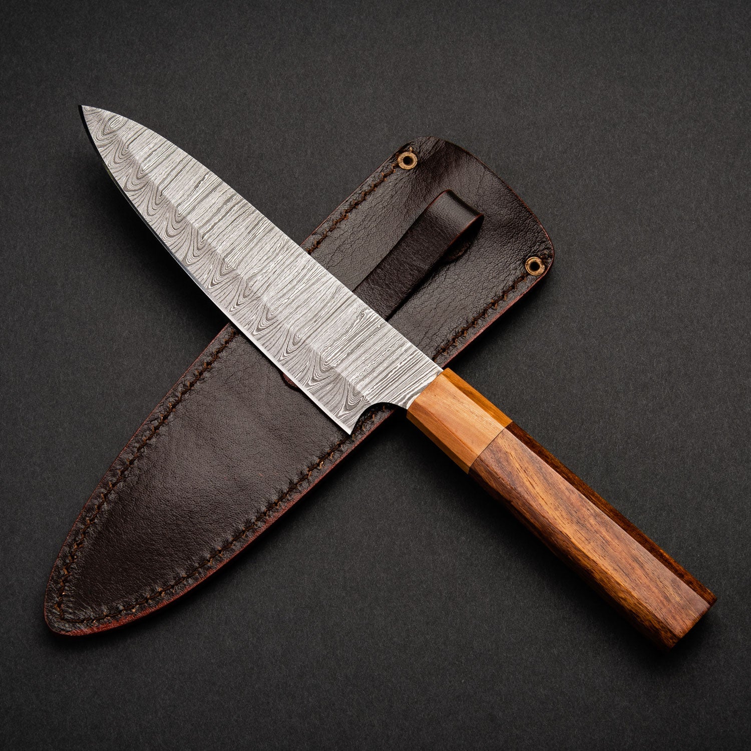 Itamae Hand-Forged Damascus Steel 7" Santoku Chef Knife - Olive Wood and Rosewood