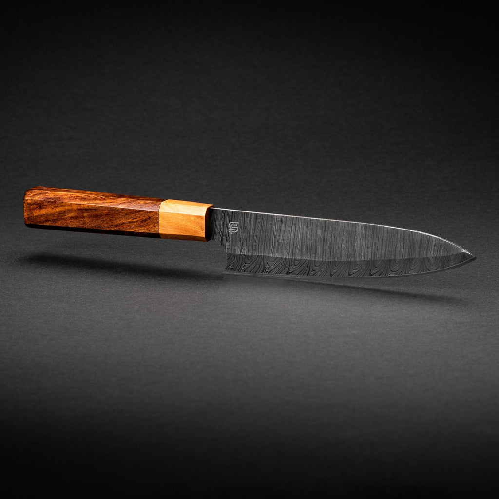 Itamae Hand-Forged Damascus Steel 7" Santoku Chef Knife - Olive Wood and Rosewood - BLEM