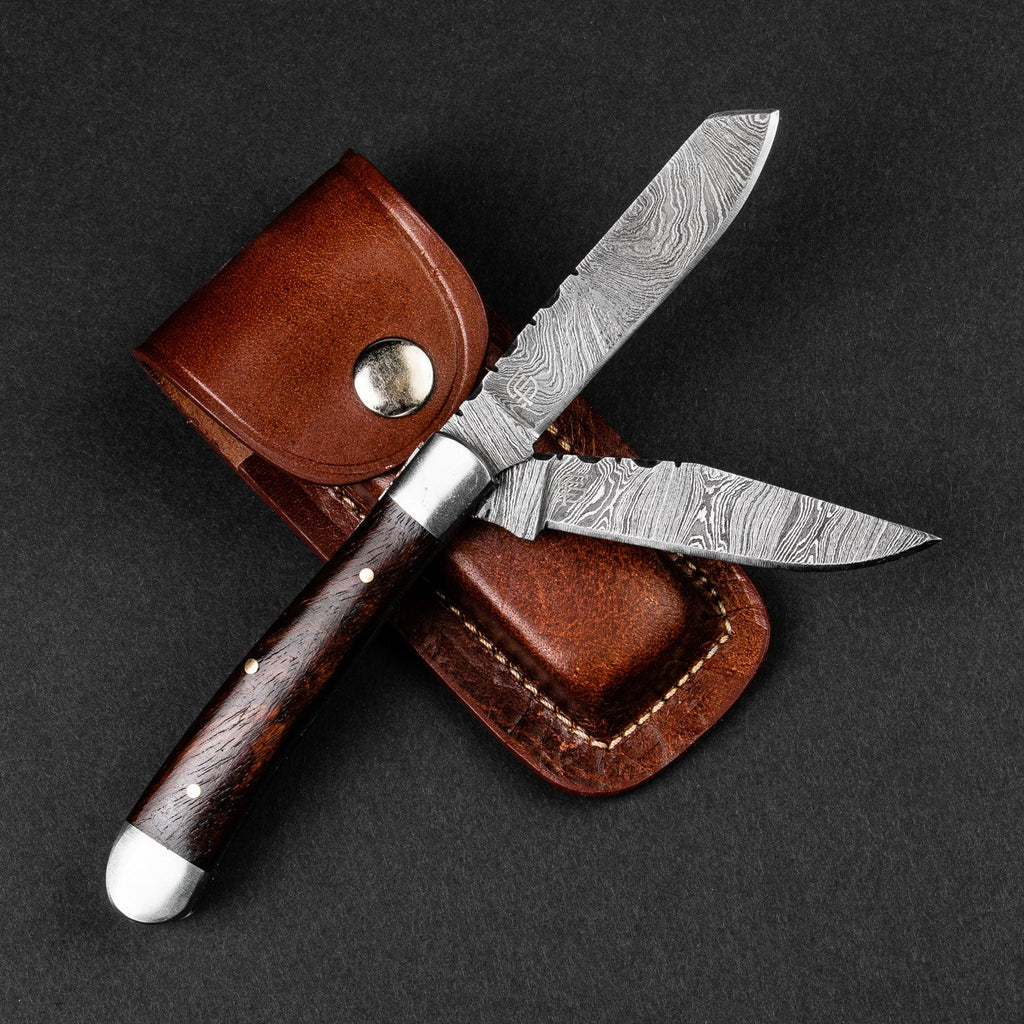 Falcon Hand-Forged Damascus Steel 2-Blade Folding Knife - Rosewood