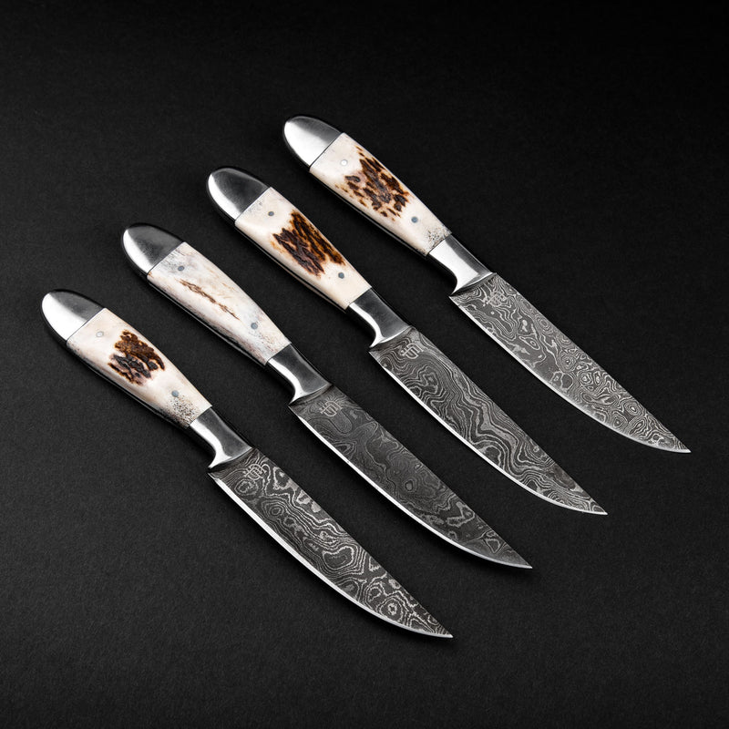 Denton Hand-Forged Damascus Steel Steak Knives - Stag Antler - Set of 4