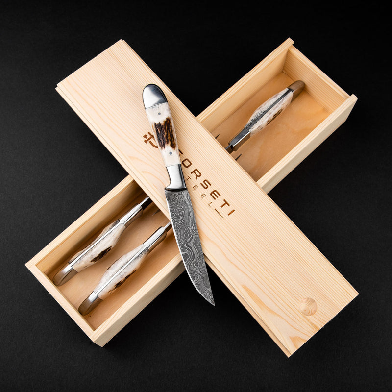 Denton Hand-Forged Damascus Steel Steak Knives - Stag Antler - Set of 4