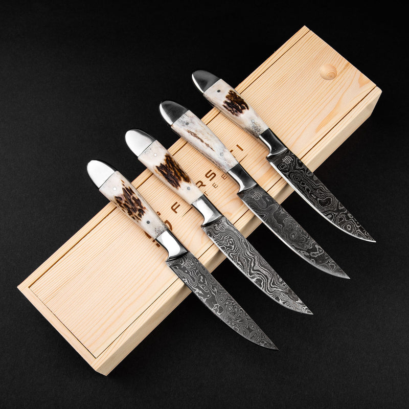 Denton Hand-Forged Damascus Steel Steak Knives - Stag Antler - Set of 4