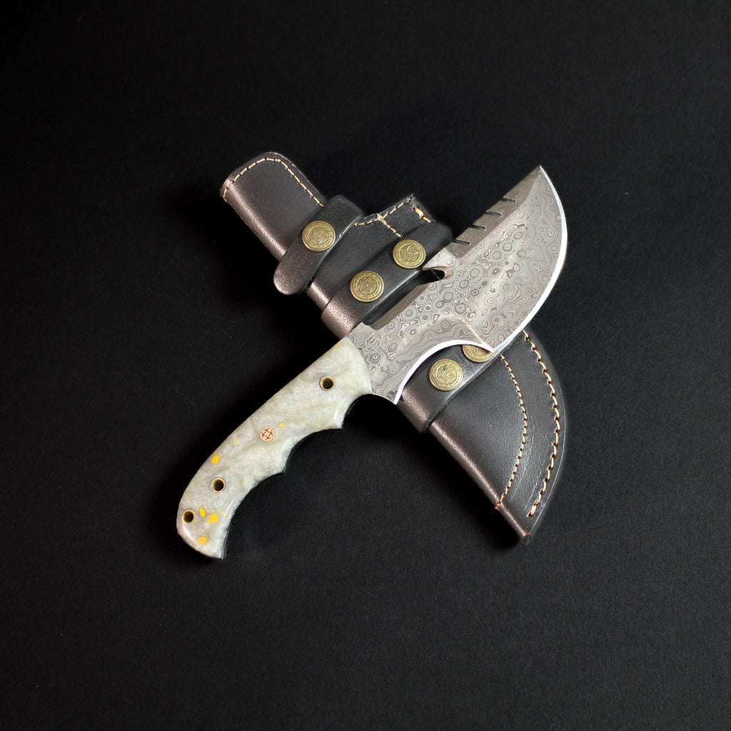 Carney Damascus Steel Curved Warrior Tanto Knife - White G10
