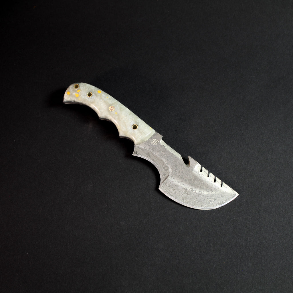 Carney Damascus Steel Curved Warrior Tanto Knife - White G10