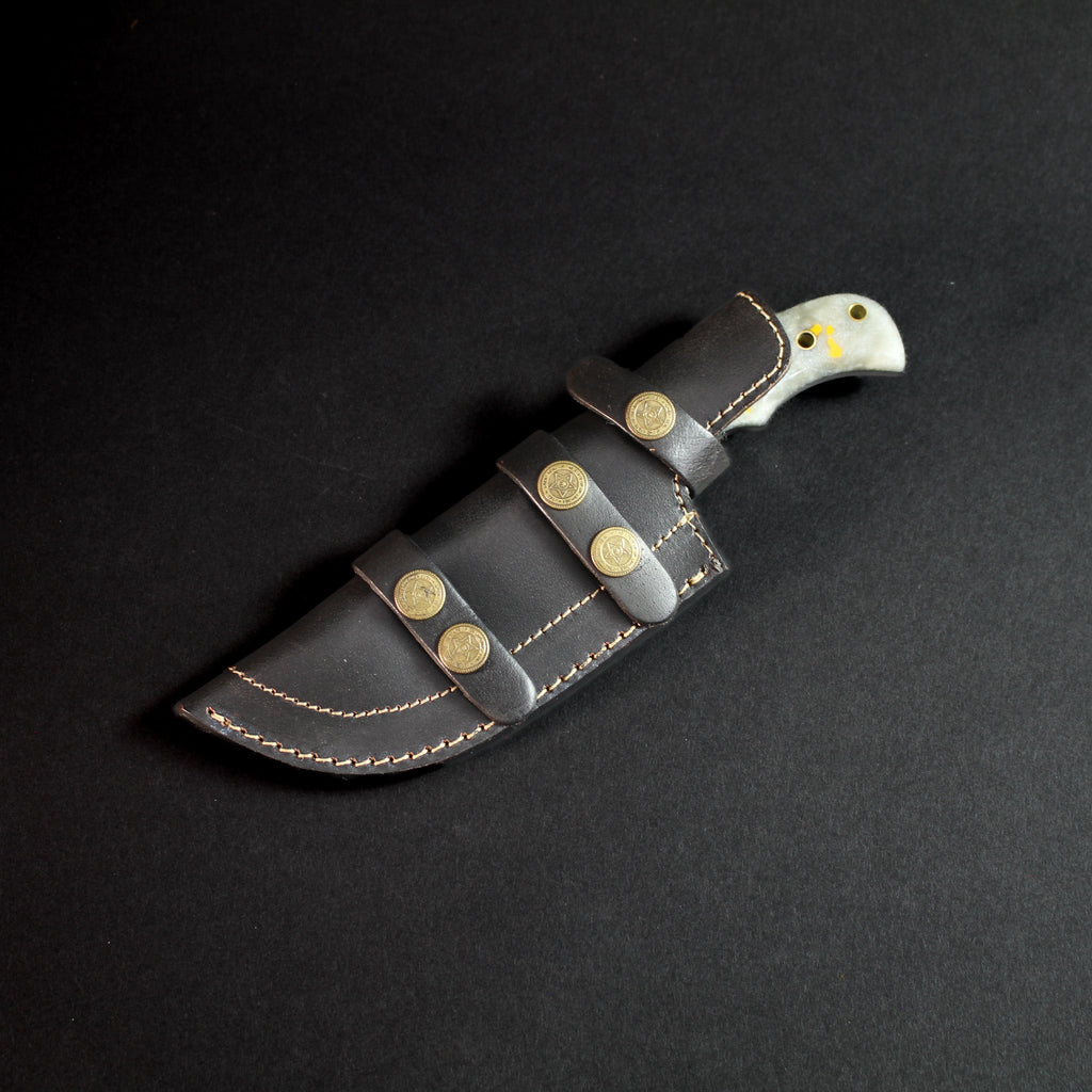 Carney Damascus Steel Curved Warrior Tanto Knife - White G10