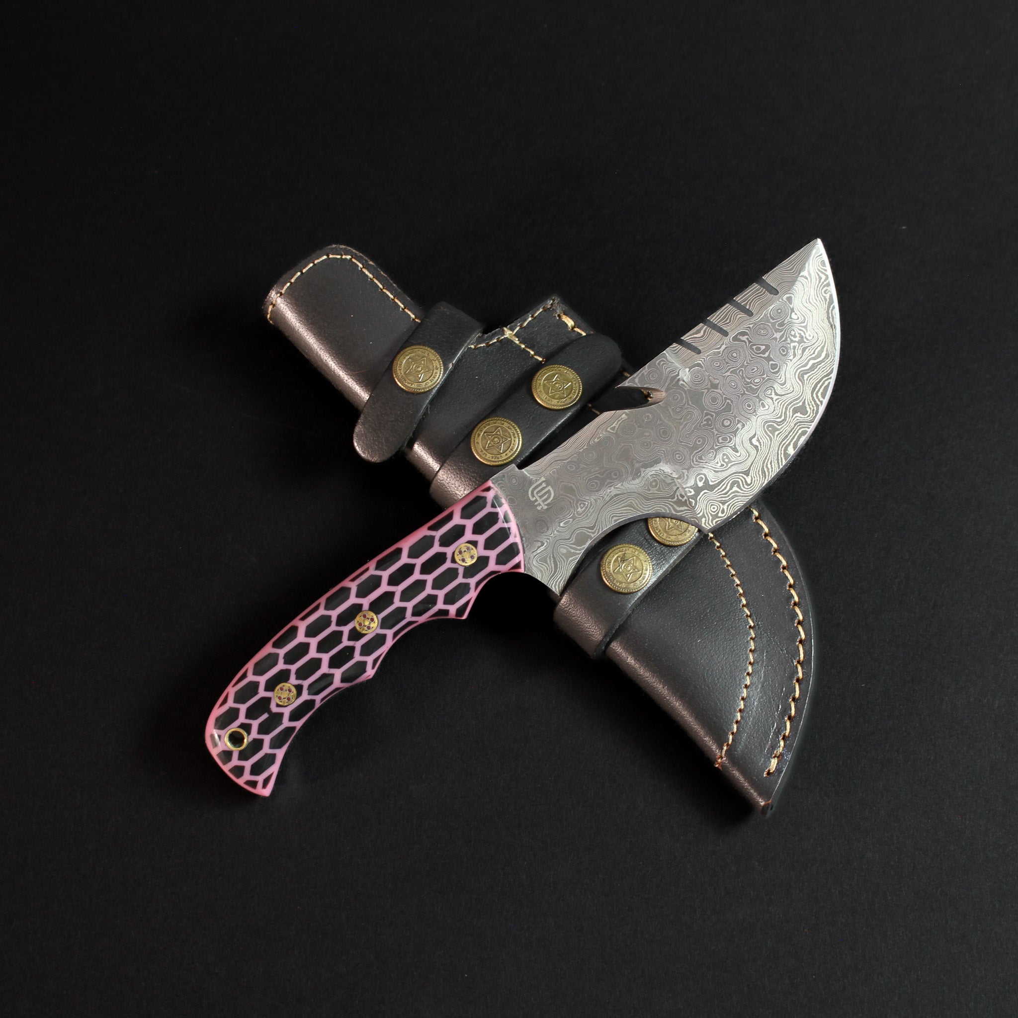 Carney Damascus Steel Curved Warrior Tanto Knife - Pink G10
