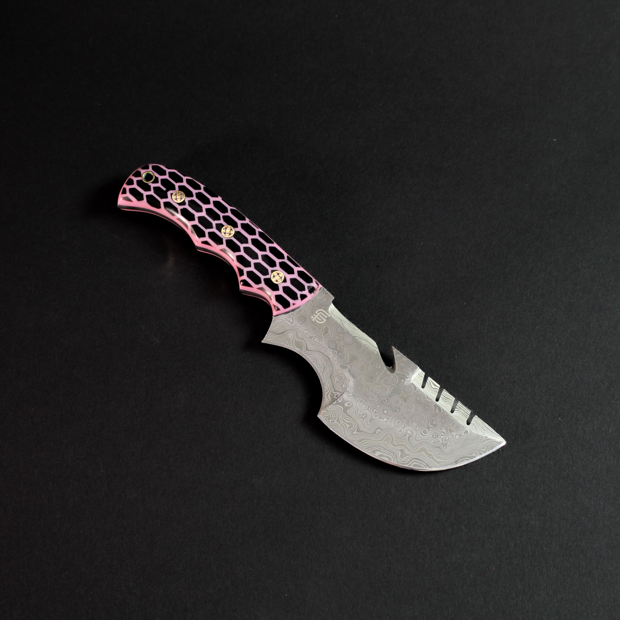 Carney Damascus Steel Curved Warrior Tanto Knife - Pink G10