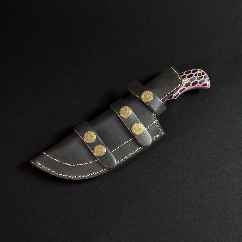 Carney Damascus Steel Curved Warrior Tanto Knife - Pink G10