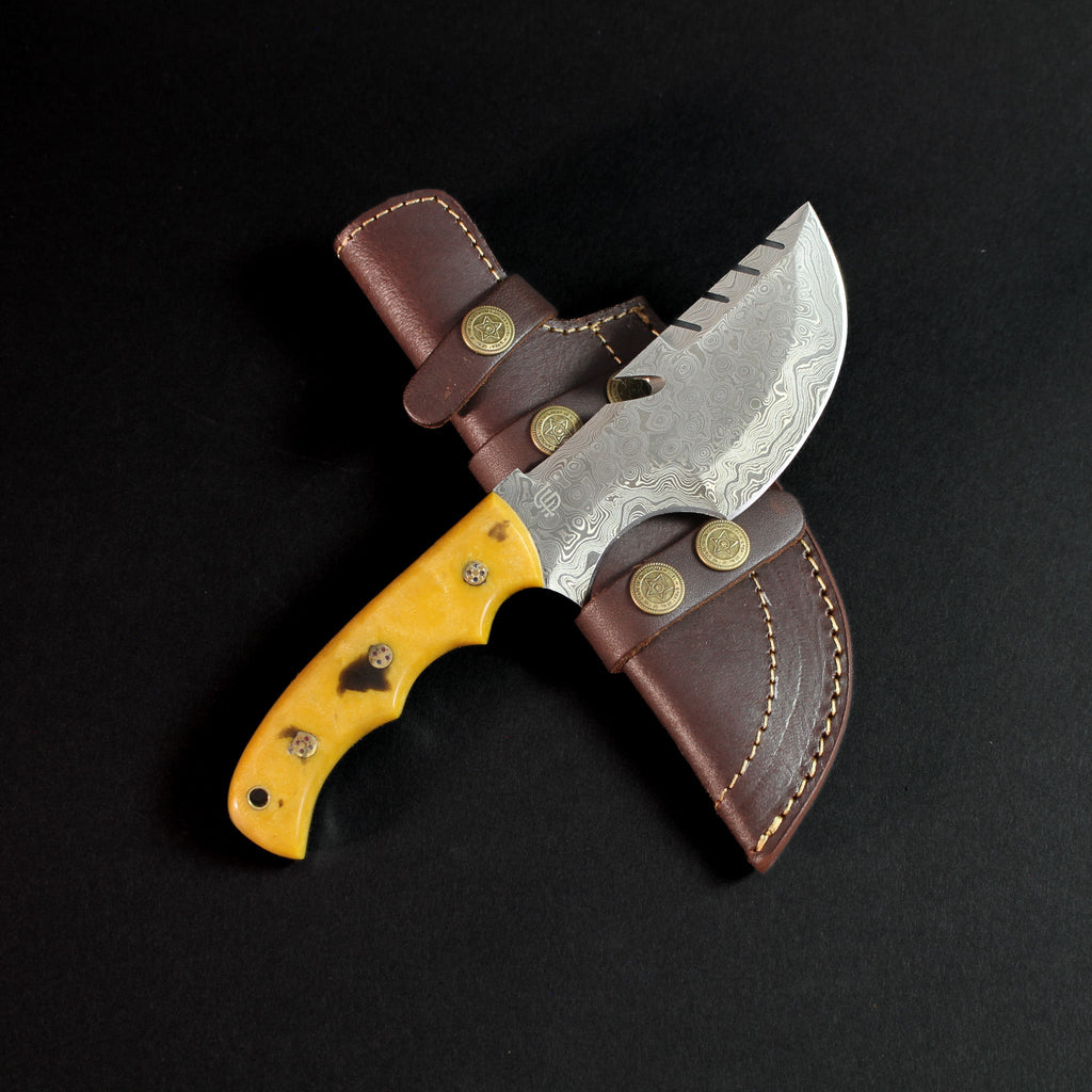Carney Damascus Steel Curved Warrior Tanto Knife - Yellow G10