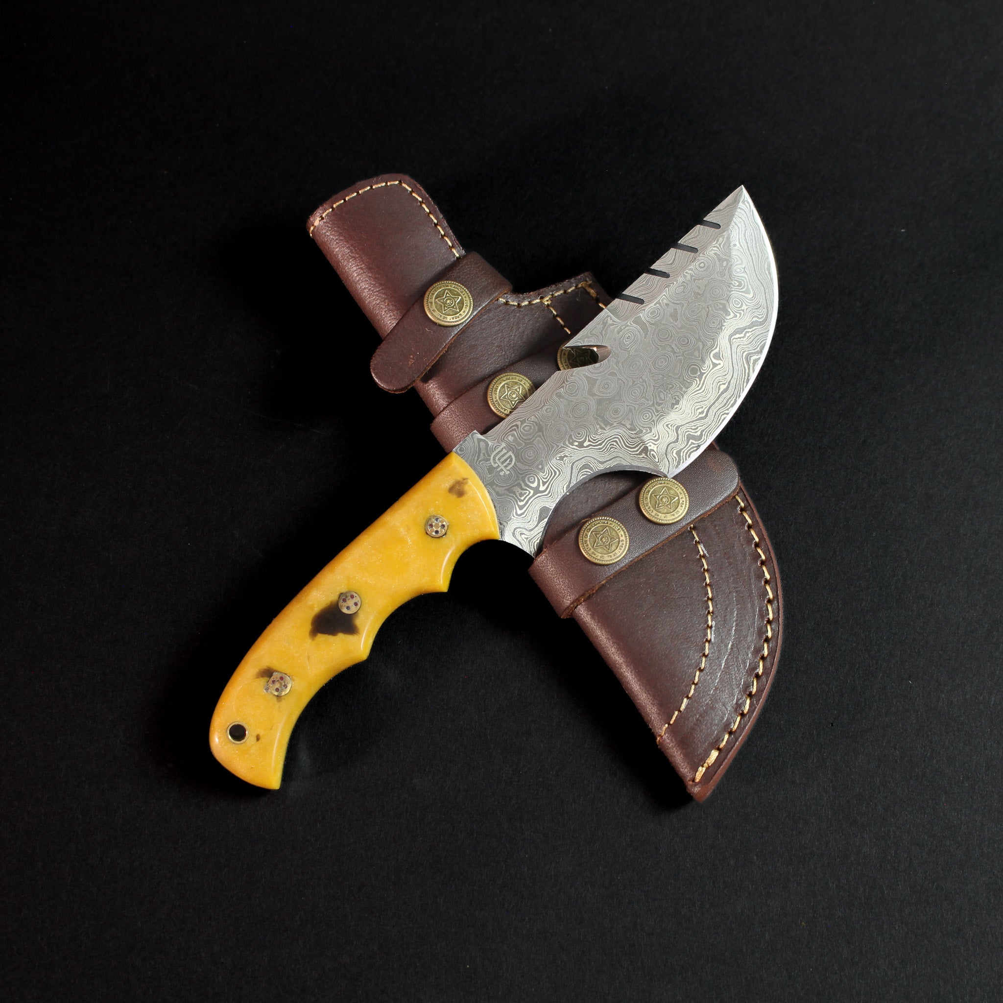 Carney Damascus Steel Curved Warrior Tanto Knife - Yellow G10