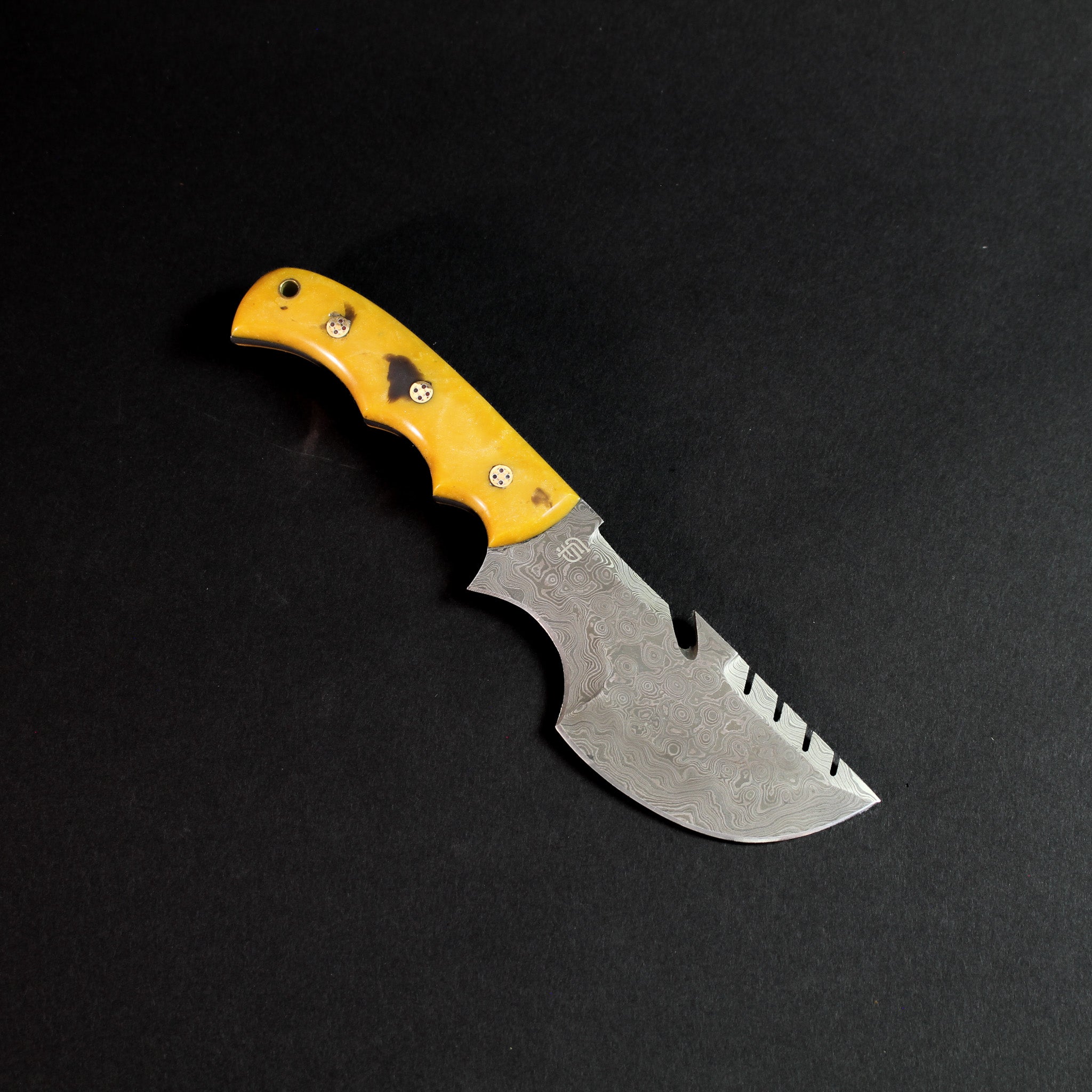 Carney Damascus Steel Curved Warrior Tanto Knife - Yellow G10