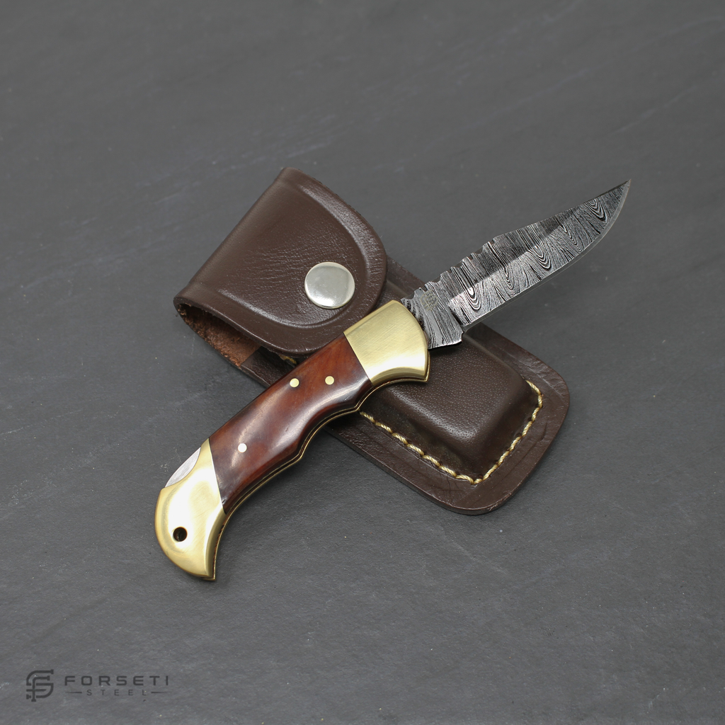 Hemingway Hand-Forged Damascus Steel Folding Knife - Stained Bone and Brass