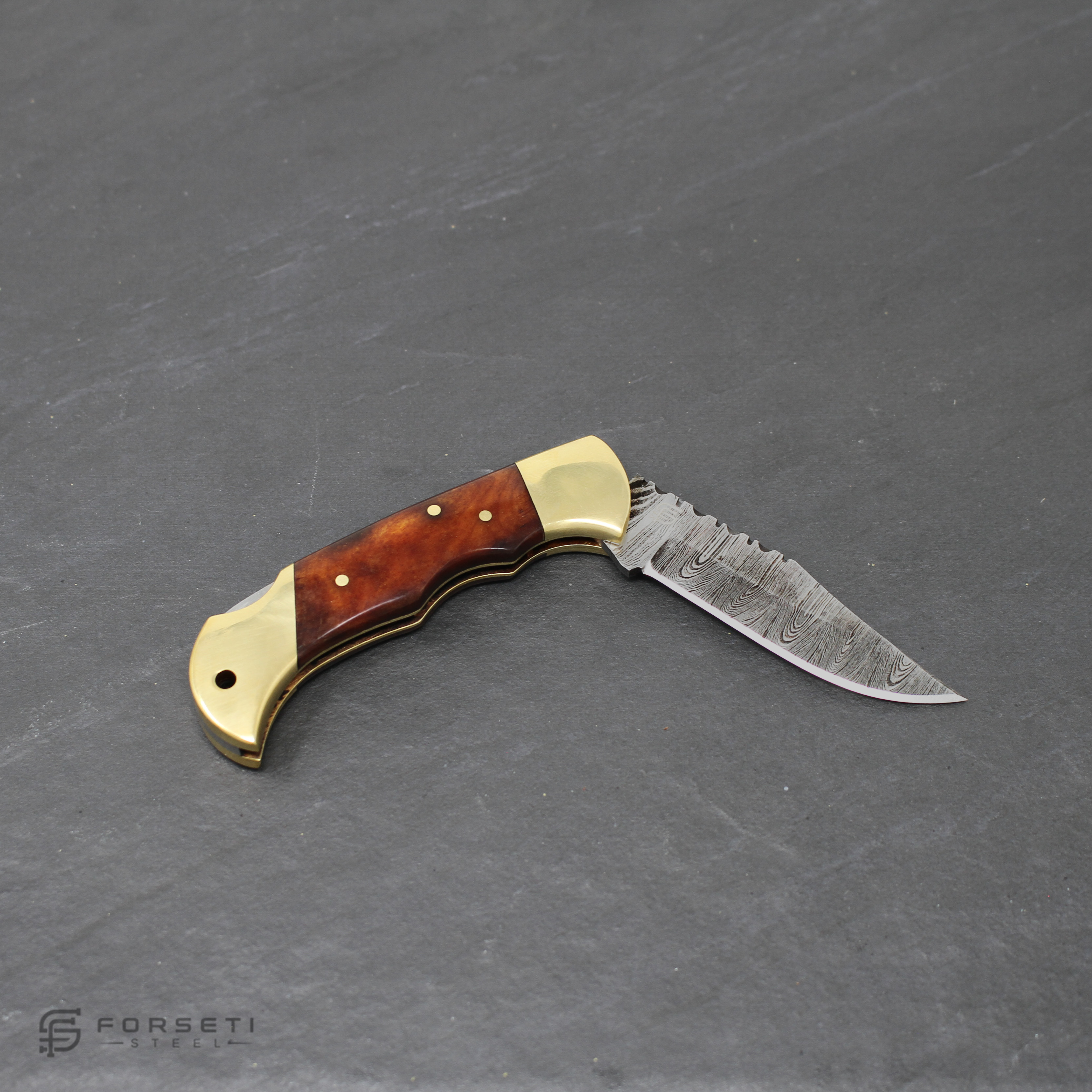Hemingway Hand-Forged Damascus Steel Folding Knife - Stained Bone and Brass