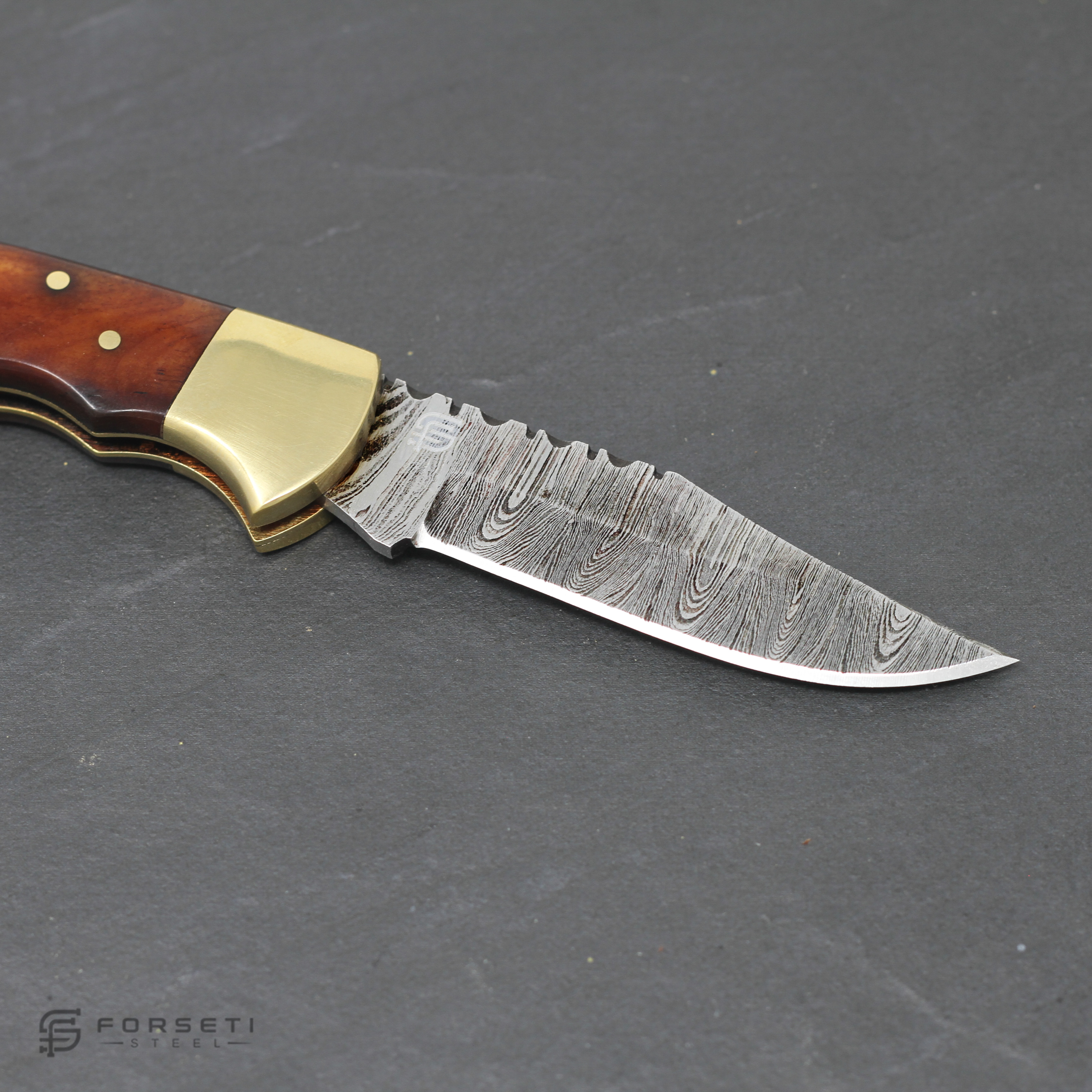 Hemingway Hand-Forged Damascus Steel Folding Knife - Stained Bone and Brass