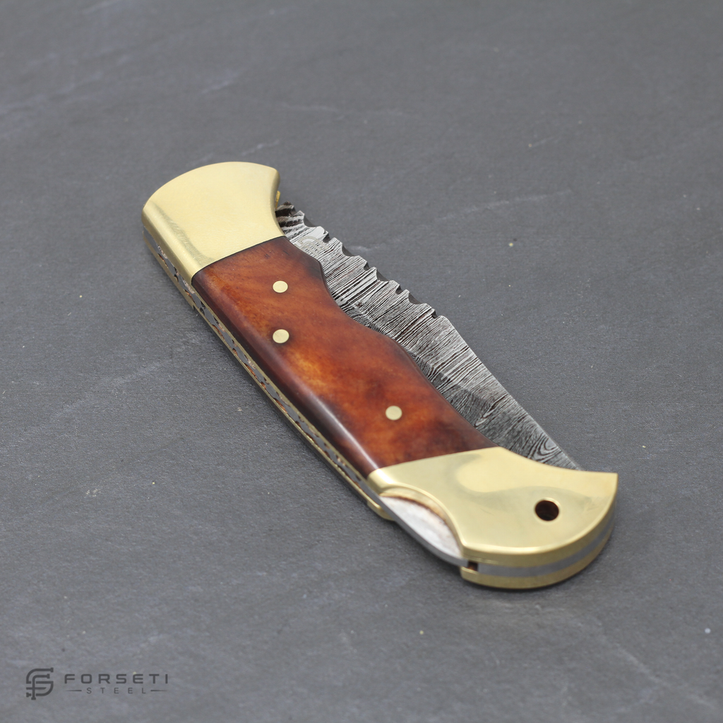 Hemingway Hand-Forged Damascus Steel Folding Knife - Stained Bone and Brass