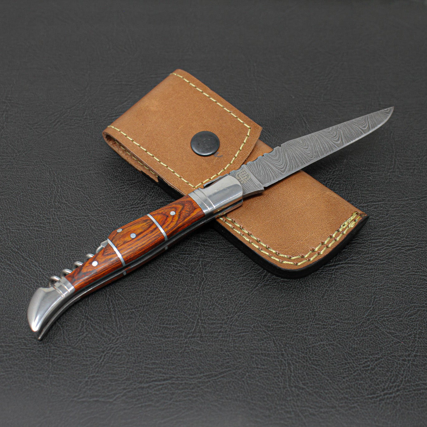 Rhône Rangers Hand-Forged Damascus Steel Folding Knife with Wine Corkscrew - Tali Wood