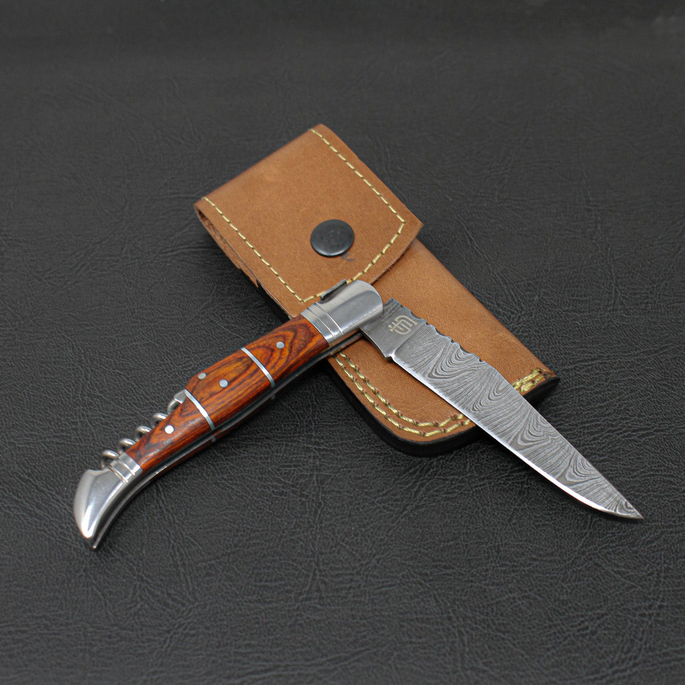 Rhône Rangers Hand-Forged Damascus Steel Folding Knife with Wine Corkscrew - Tali Wood