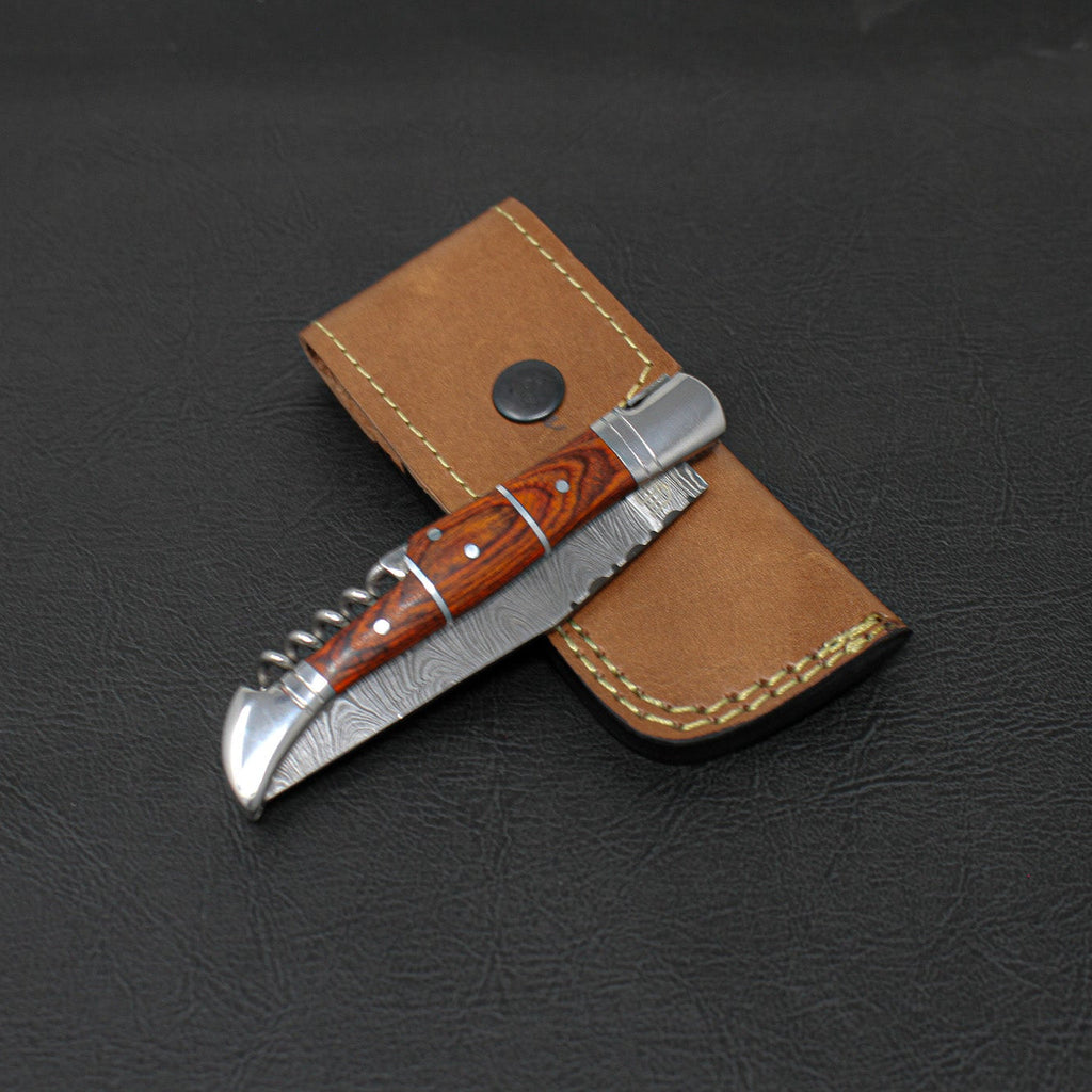 Rhône Rangers Hand-Forged Damascus Steel Folding Knife with Wine Corkscrew - Tali Wood