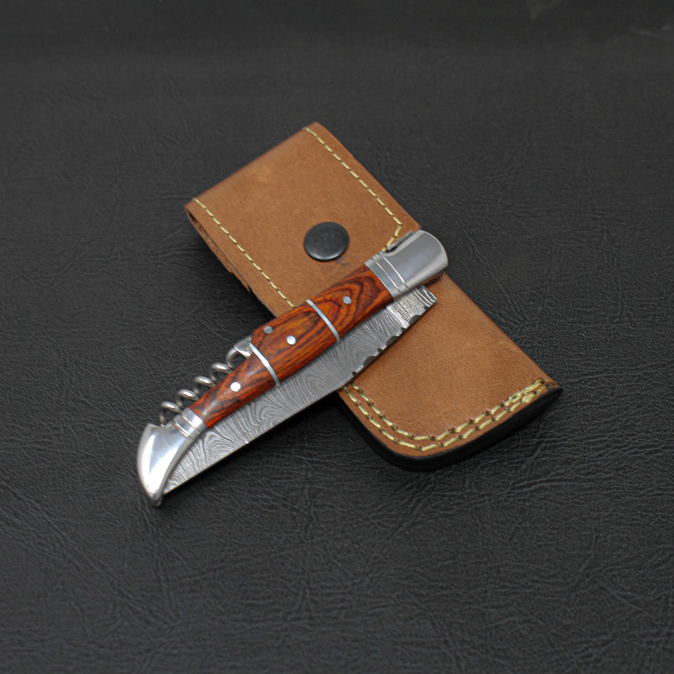 Rhône Rangers Hand-Forged Damascus Steel Folding Knife with Wine Corkscrew - Tali Wood