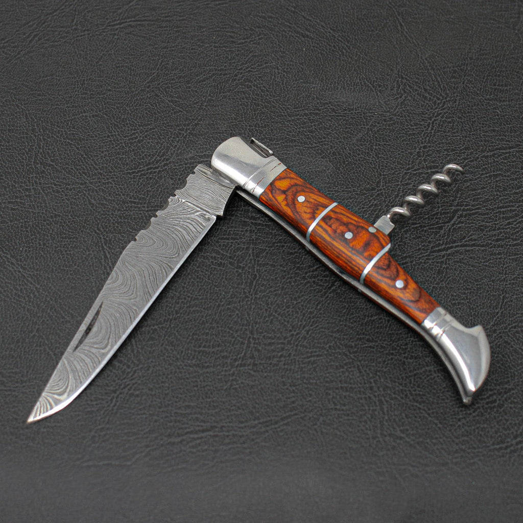 Rhône Rangers Hand-Forged Damascus Steel Folding Knife with Wine Corkscrew - Tali Wood