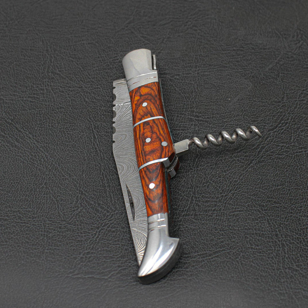 Rhône Rangers Hand-Forged Damascus Steel Folding Knife with Wine Corkscrew - Tali Wood