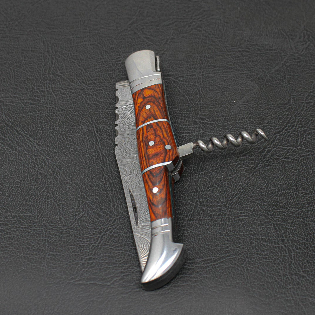 Rhône Rangers Hand-Forged Damascus Steel Folding Knife with Wine Corkscrew - Tali Wood