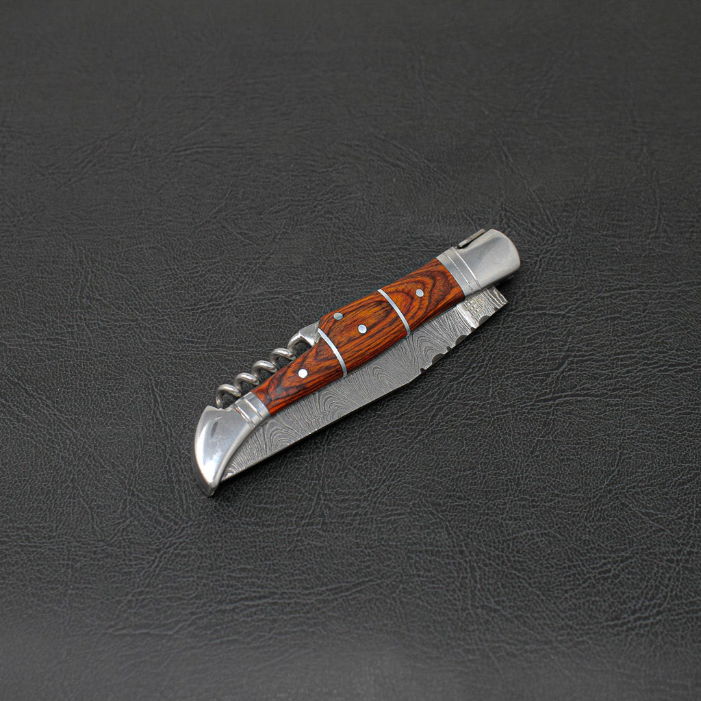 Rhône Rangers Hand-Forged Damascus Steel Folding Knife with Wine Corkscrew - Tali Wood