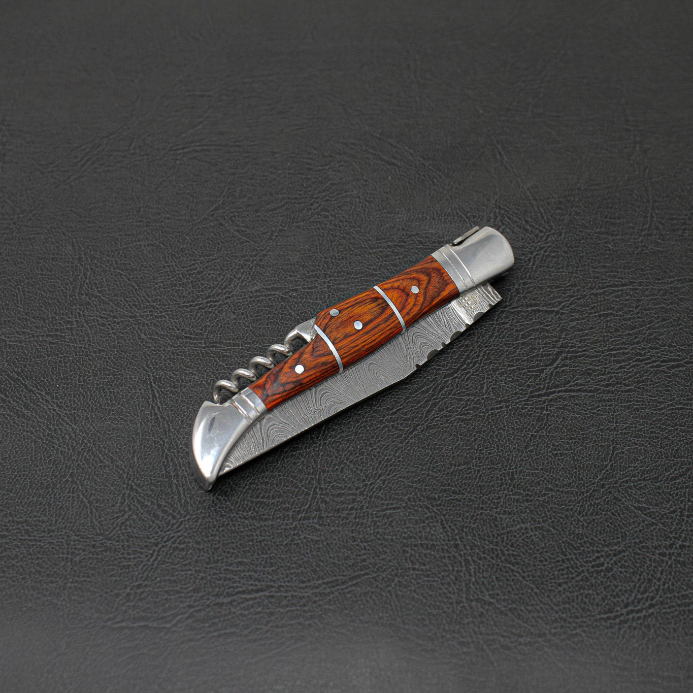 Rhône Rangers Hand-Forged Damascus Steel Folding Knife with Wine Corkscrew - Tali Wood