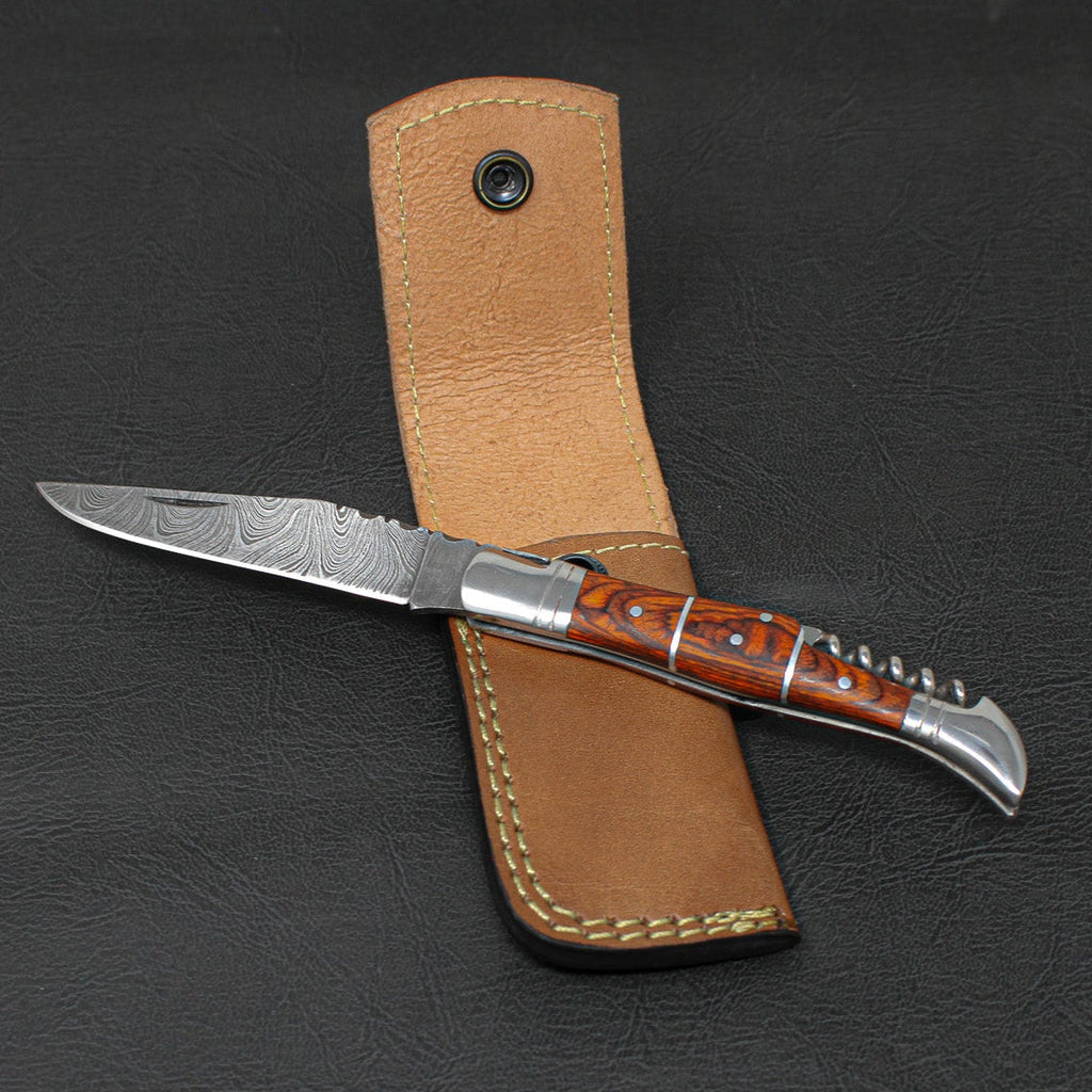 Rhône Rangers Hand-Forged Damascus Steel Folding Knife with Wine Corkscrew - Tali Wood