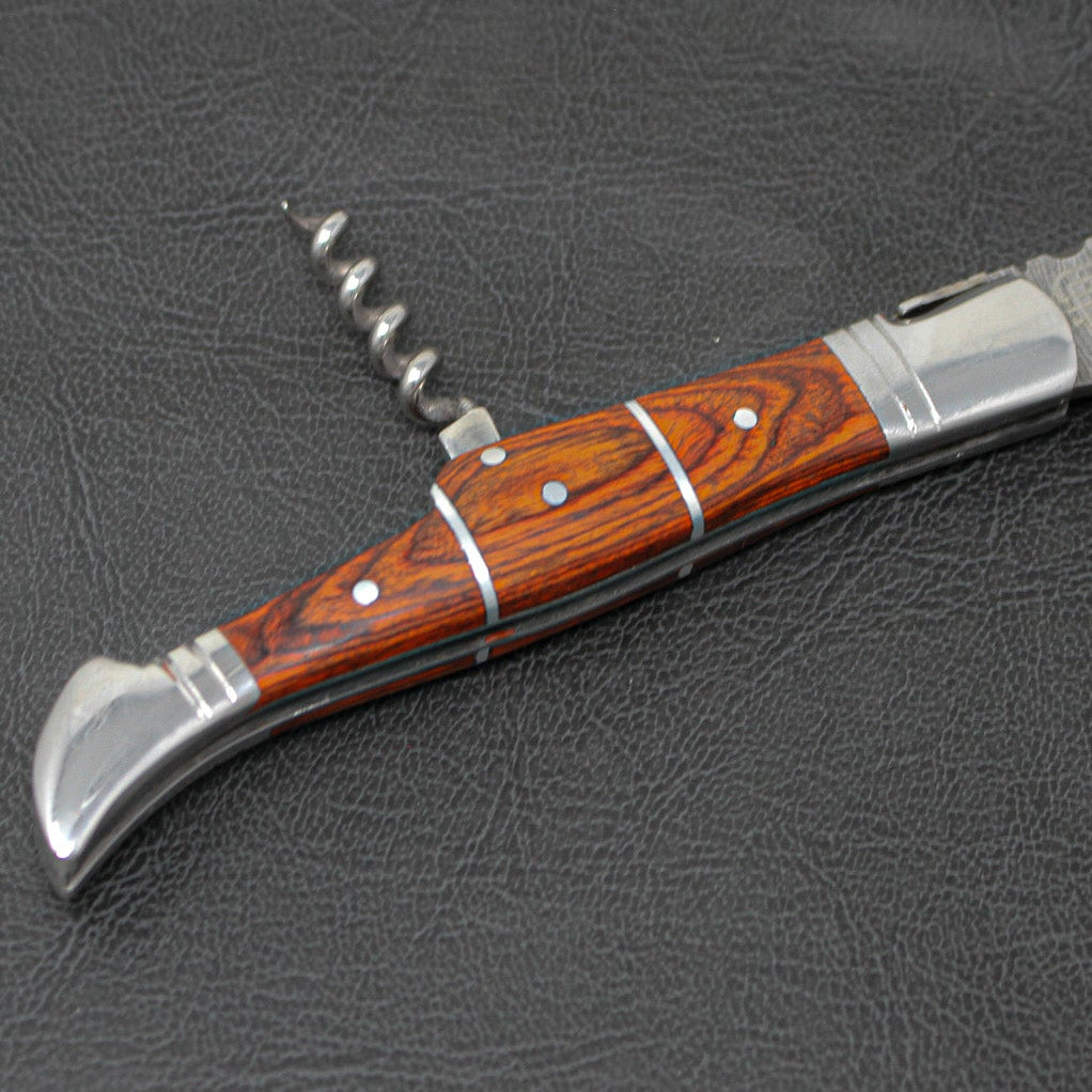 Rhône Rangers Hand-Forged Damascus Steel Folding Knife with Wine Corkscrew - Tali Wood